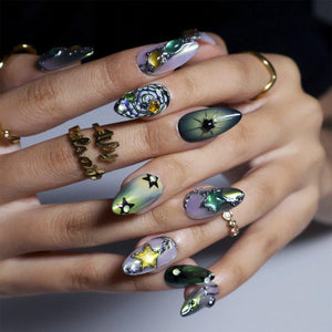 Y2K Press On Nails with Green Chrome, Star Charms | Medium Almond Fake Nails | Handmade Nails Art for Party, Festival & Streetwear Looks image 2