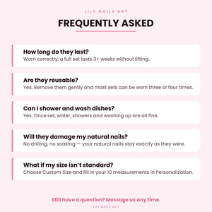 A light pink informational graphic titled LILY NAILS ART FREQUENTLY ASKED. It lists five questions and answers regarding nail longevity, reusability, water resistance, natural nail safety, and custom sizing options for nail products.