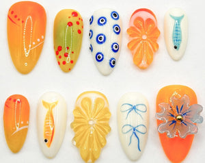 Tropical Summer Press On Nails | Flowers, Fish, Nautical Accents | Bright Flower & Ocean-Themed Nail Art | Handcrafted Nail Art Set |JC539HC