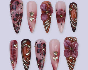 Autumn Press On Nails with 3D Floral Burgundy & Gold Line | Fake Nails in Long Almond | Handmade Nail Art for Fall Looks, Parties Or Gifts