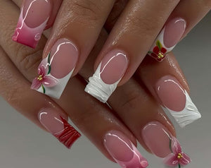 Hand Painted Floral French Press On Nails: 3D Acrylic Square Nails