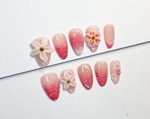 3D Floral Press On Nails: Luxury Jelly Almond Y2K Style