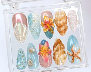 Tropical Beach 3D Press On Nails, Hibiscus Floral Almond, Ocean Blue Gel