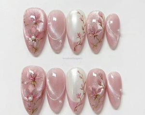 Pink Magnolia Cat Eye Press On Nails, Pearl Floral Wedding Fake Nails, Soft Elegant Korean Gel Nail Art, Spring Cherry Blossom Almond