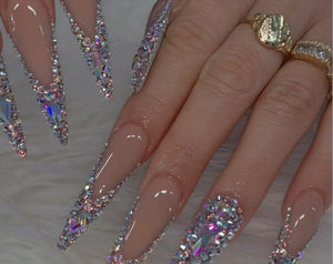 Handmade Luxury XL Long Stiletto Press On Nails | Crystal V-Cut French Tip & Full Rhinestone Bling | Glamour Birthday and Event Nail Art