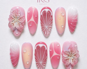 3D Summer Floral Press On Nails | Pink Flower Citrus Nails | Waterdrop Jelly Nail Set | Cute Handmade Press Ons