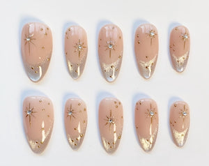 Glitter French cat eye nails/press on nails long almond nails/Silver Chrome nails/Star Nails/Silver nails/Elegant nails/Birthday nails