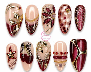 Velvet Merlot Couture Press On Nails | Luxury Burgundy Gold Cherry Blossom Designer Set
