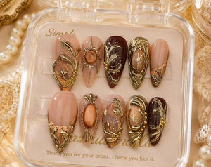 Cat Eye Gemstone Press On Nails, Gold Charm Designer Nails,Emerald Inspired Nail Set