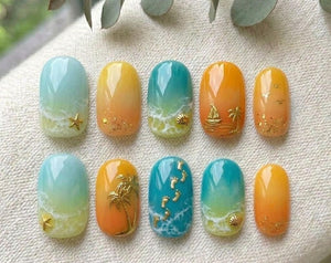 Summer Ocean Waves Press On Nails | Beach Resort Sunset Fake Nails | Cute Short Round Short Oval Gel Nails | Tropical Glue On False Nails