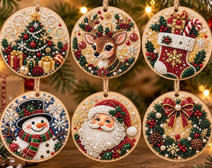 Christmas DIY Pearl Art Ornament Kit, Wooden Hanging Decor, 6pcs Set, Raised Pearl Bead Craft, Holiday Tree Decoration Gift for Adults&Kids