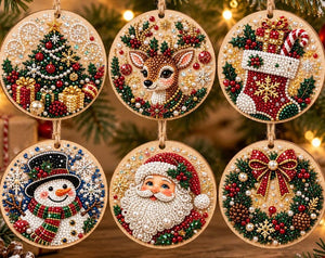 Christmas DIY Pearl Art Ornament Kit, Wooden Hanging Decor, 6pcs Set, Raised Pearl Bead Craft, Holiday Tree Decoration Gift for Adults&Kids
