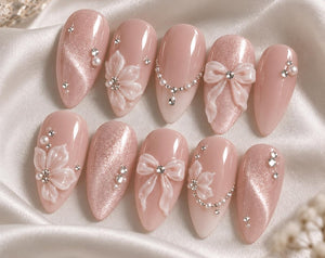 Wedding Press On Nails, 3D Floral Nails Set For Bride, Bridal Handmade Nails, Elegant Almond Glue On Nails, Reusable Fake Nails, Bridal Gift