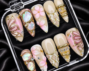 3D Floral Press On Nails, Pink Gold Stiletto Nails, Luxury Bridal Nails, Iridescent Gemstone Nail Art, Handmade Wedding Nails