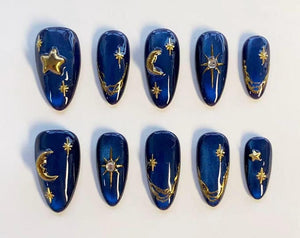 Y2K Nails/3D Star Nails/3D Blue Moon Nails/Gold Chrome Nails/Navy Blue Press on Nails Long Almond Nails/Cat Eye Nails/Custom Nails