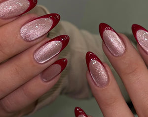 Red French Tip Press On Nails, Pink Velvet Cat Eye Nails , Elegant Christmas Nails, Classic Custom Gel Nails, Reusable Press Ons