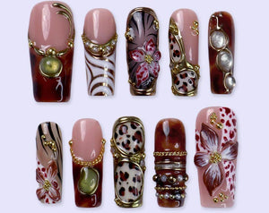 Fall Press On Nails With Tortoiseshell, Leopard Print, 3D Floral | Long Square Fake Nails | Handmade Nail Art For Autumn Festival or Daily