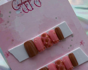 Short Brown Square Gel Press-On Nails | Gold Bead Charms, Fall Style