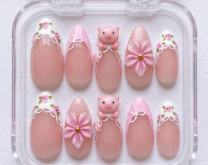 Cute Pink Pig Press On Nails, 3D Floral Nails, Pink Rose Nail, Gift for Pig Lover, Christmas Nails, Birthday Gift for Her, Elegant Nails