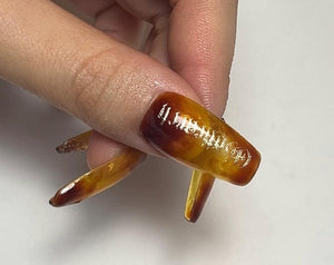 100% Handcrafted Amber Marble Press-On Nails - Yellow Brown
