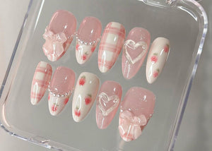 Dreamy Pink Press On Nails | Nail Set With Strawberry Design | Cute Bow and Heart Nail Art | Adorable 3D Raised Art |mother day gift| OB180T