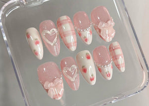 Dreamy Pink Press On Nails | Nail Set With Strawberry Design | Cute Bow and Heart Nail Art | Adorable 3D Raised Art |mother day gift| OB180T