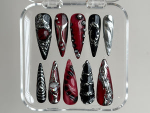 Hand-Painted Free-Style Press On Nails | Silver Metallic Crystal Long Stiletto | Custom Chrome Fake Nails | Y2K, Goth, Gothic Nails |OB295T