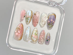 Dreamy Press On Nails Almond | Jelly Pastel Tulip Nail Art | 3D FairyCore Flower Press Ons | Romantic Nail Art in Fake Nails | OB347T