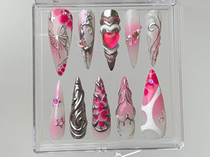 Pink Heart Press On Nails | gel nail art | Get Nostalgic with Y2K-Inspired Press On Nails | pink press on nails | Nail Art | OB323