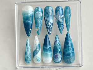 Ocean-inspired Press On Nails | Ocean nailss and Starfish Design On Fake Nails | ocean nails |Jellyfish Pattern on Acrylic nails| OB361TH