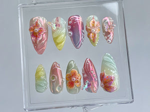 Secret Garden Long Almond Press On Nails | Stunning 3D Floral On Fake Nails | Custom 3D Butterfly Nail Art|Nail Charms, gyaru nails |OB399TK