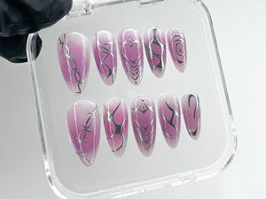 Enchanting Ombre Purple Press On Nails | Detailed Silver Feather Nail Art | Luxurious Feathered Purple Y2k Nails | fake nails | OB133T