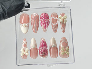 Romantic Bows Press On Nails | Custom Pearl and Glitter Patterns On Fake Nails | French Tip Nail Art | Cute Jellyfish Gyaru Nails | OB410T