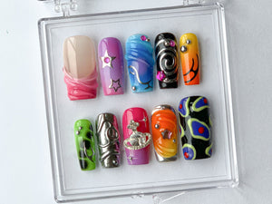 Vibrant Handcrafted Press On Nails | Colorful, Artistic Fake Nails | Globe charms on Acrylic Nails | Trendy and Unique Nail Art | OB376T