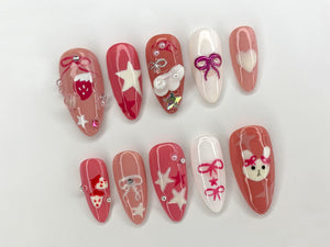 Pink Miffy Long Almond Press On Nail | Cute Bunny False Nails Art | Strawberry, Stars and Bow Nails for Holiday Birthday Easter | OC295S