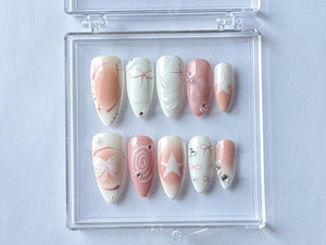 Pearly Pink Y2K Press On Nails | Cute 3D Bow Gel Nails | Handmade Gift for Her | OB21L
