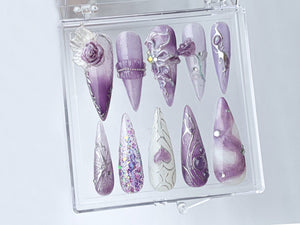 Free-Style Almond Press On Nails | Rosy Purple Press Ons | heart patterns nail art | Floral Violet On Fake Nails | Nail charms | OB345TC