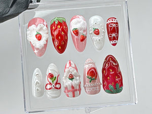 Dreamy Pink Press On Nails | Nail Set With Strawberry Design Fake nails| Adorable 3D Cream Nail Art | Nail Charms | Pink press ons | OB437TL