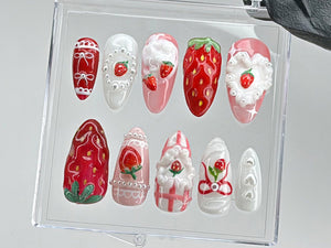 Dreamy Pink Press On Nails | Nail Set With Strawberry Design Fake nails| Adorable 3D Cream Nail Art | Nail Charms | Pink press ons | OB437TL