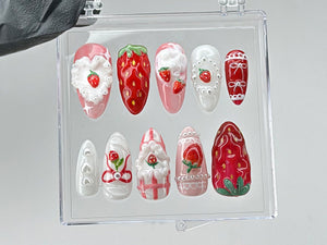 Dreamy Pink Press On Nails | Nail Set With Strawberry Design Fake nails| Adorable 3D Cream Nail Art | Nail Charms | Pink press ons | OB437TL