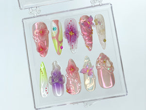 Dreamy Garden Press On Nails Almond | Butterfly Charms| 3D FairyCore Flower Press Ons | Romantic Nail Art in Fake Nails | OB400SL