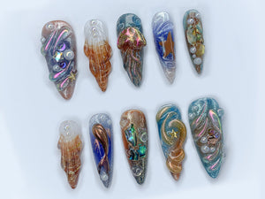 Free Style Chrome Press On Nails | Custom Colorful 3D Metallic Jellyfish Gel Nail Art | Blue & Orange Ombre Handpainted Nail Set | OB335AL