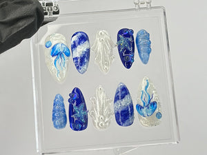 Mystical Ocean Press On Nails | Handcrafted with Jellyfish On Fake nails | Custom Press Ons | summer press on nails | OB449T