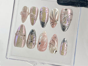 Pink 3D Gel Raised Press On Nail | Fluttery Butterfly Nail Art | Y2K Style Nails | Secret Garden Flower Nails | Silver Fake Nails | OB412Y