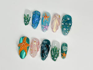3D Tropical Beach Press On Nails | Ocean-Themed with Seaweed, Seashells, and Starfish | Handmade Press On Nails | OB316SL