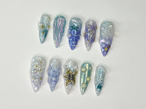 3D Tropical Beach Press On Nails | Ocean-Themed with Seaweed, Seashells, and Starfish | Handmade Press On Nails | OC328SL