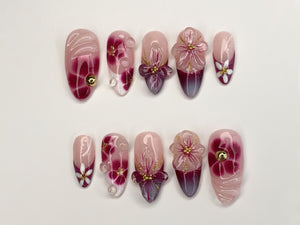 Elegant Floral Press-On Nails | Handcrafted Pink - Burgundy Gradient | 3D Flowers - Rhinestone Accents| Perfect for Special Occasions|OC349SL
