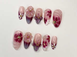 Elegant Floral Press-On Nails | Handcrafted Pink - Burgundy Gradient | 3D Flowers - Rhinestone Accents| Perfect for Special Occasions|OC349SL