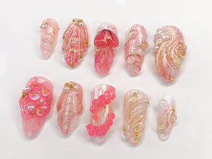 Ocean-inspired Press On Nails | Tropical Beach Designs with Jellyfish, Seashells, and Starfish | Summer Handmade Press On Nails |OC366AL