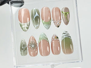 Green French Tips Press On Nails | Luxury False Nails with Floral and Leaf Designs | 3D Floral Nail Art| Summer nails | nail charms| OB467TG